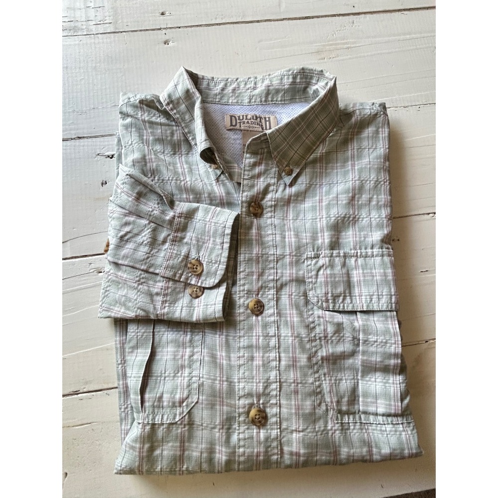Duluth‎ Trading Co Mens Large Green Plaid Long Sleeve Ventilated Hiking Shirt